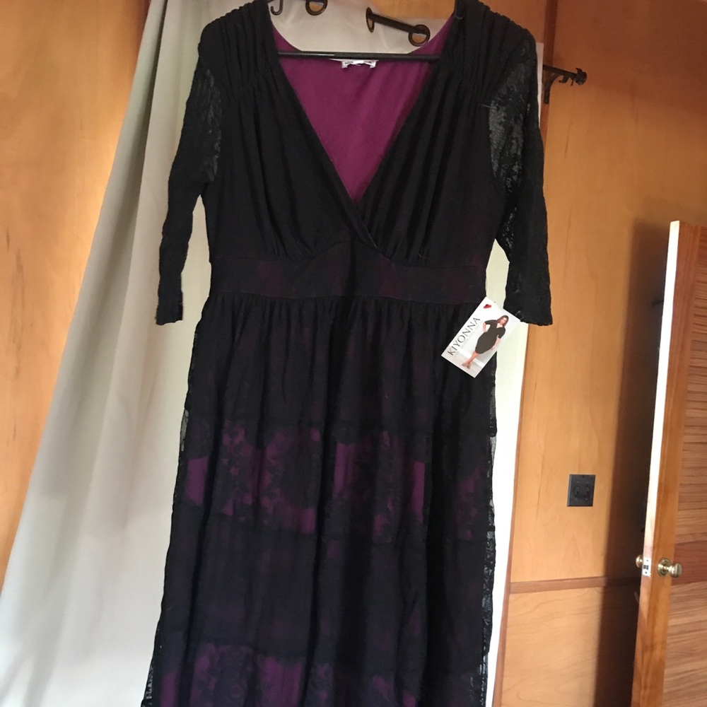Kiyona Black Lace cocktail dress with magenta